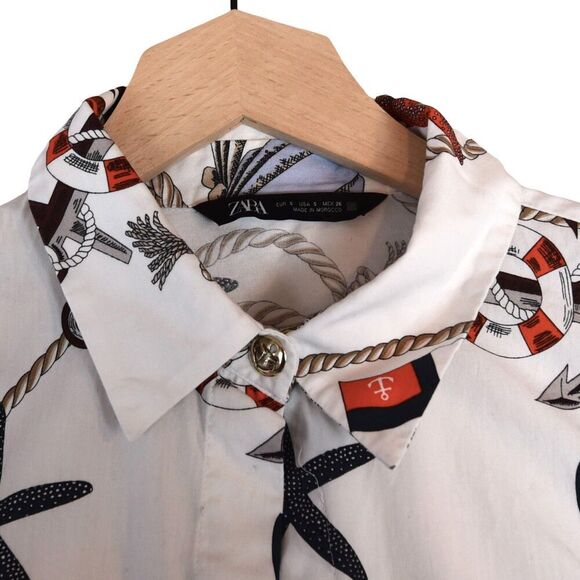 ZARA Rope Print Nautical Shirt Dress Button-Up Top Size S *Missing 1 Button* - Picture 5 of 8